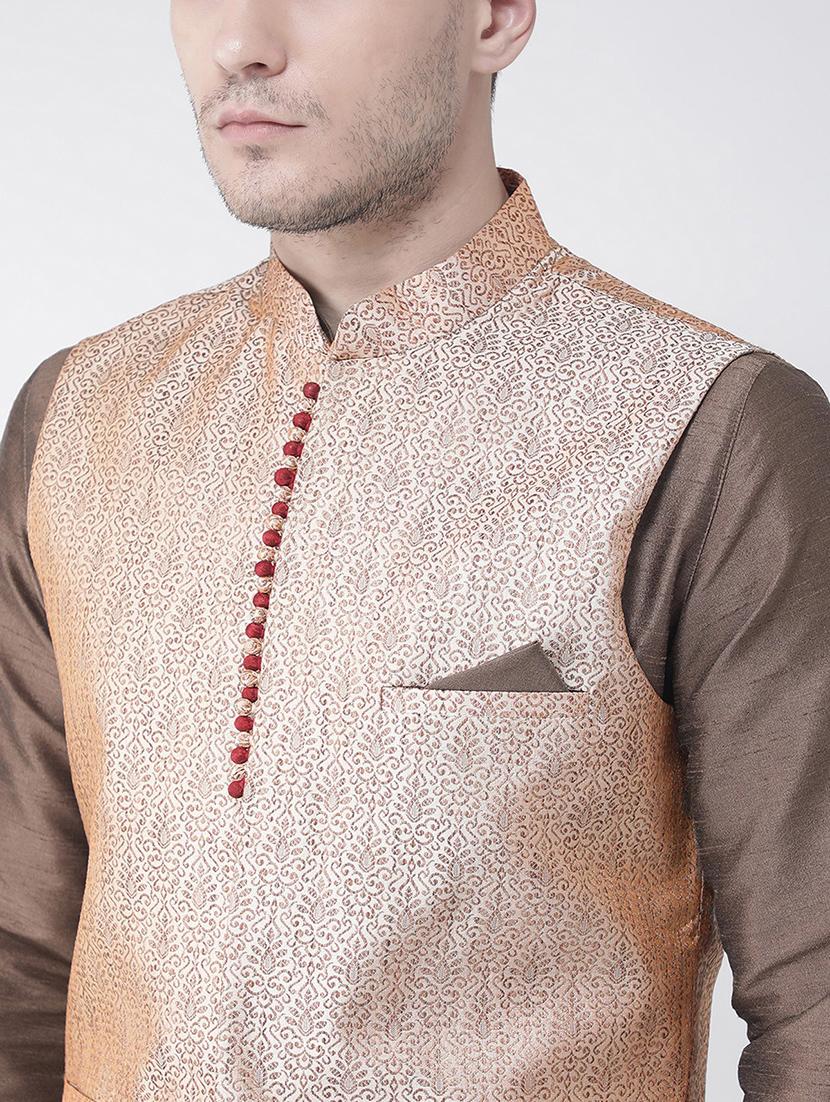 men brown self design detailed kurta jacket & pyjama set - 21079463 - Standard Image - 4