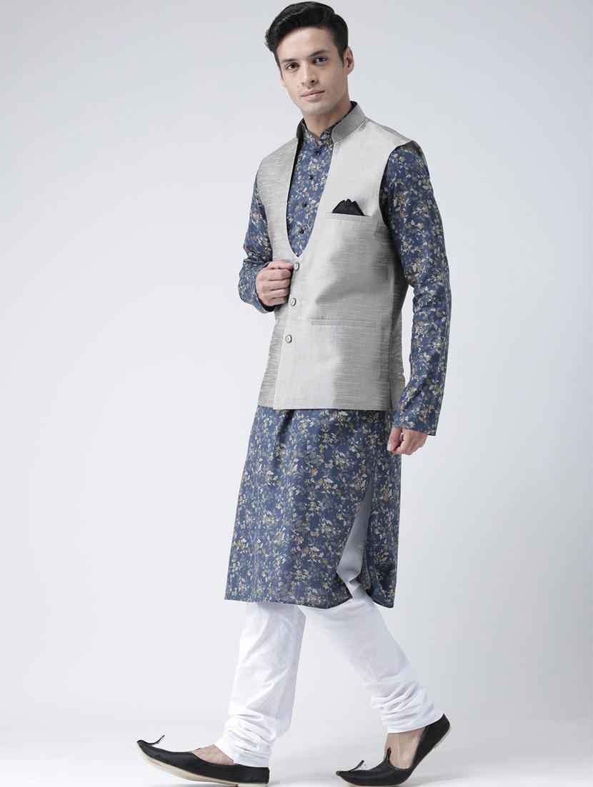 men blue & white floral printed kurta jacket & pyjama set - 21079615 -  Standard Image - 1