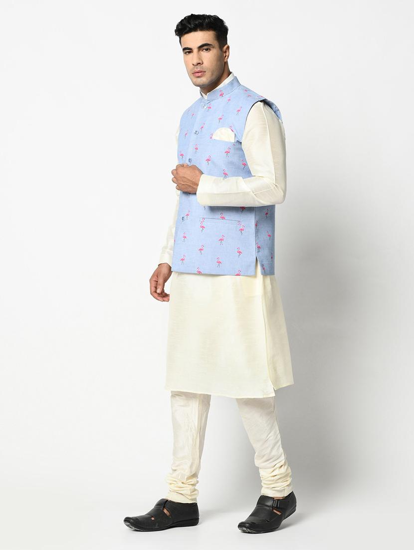 men blue & white printed kurta jacket & pyjama set - 21079692 - Standard Image - 1