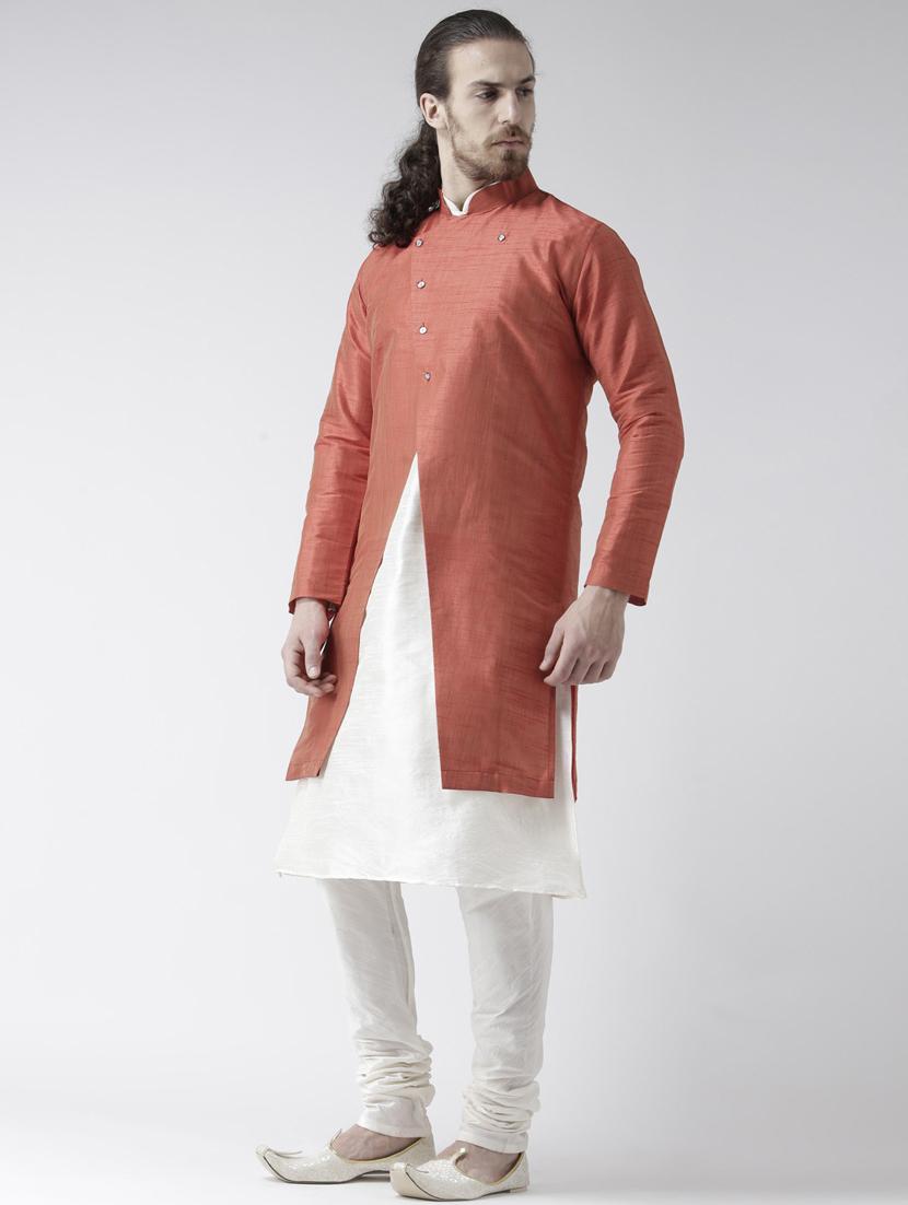men white & brown kurta jacket & churidar set - 21080256 - Standard Image - 1