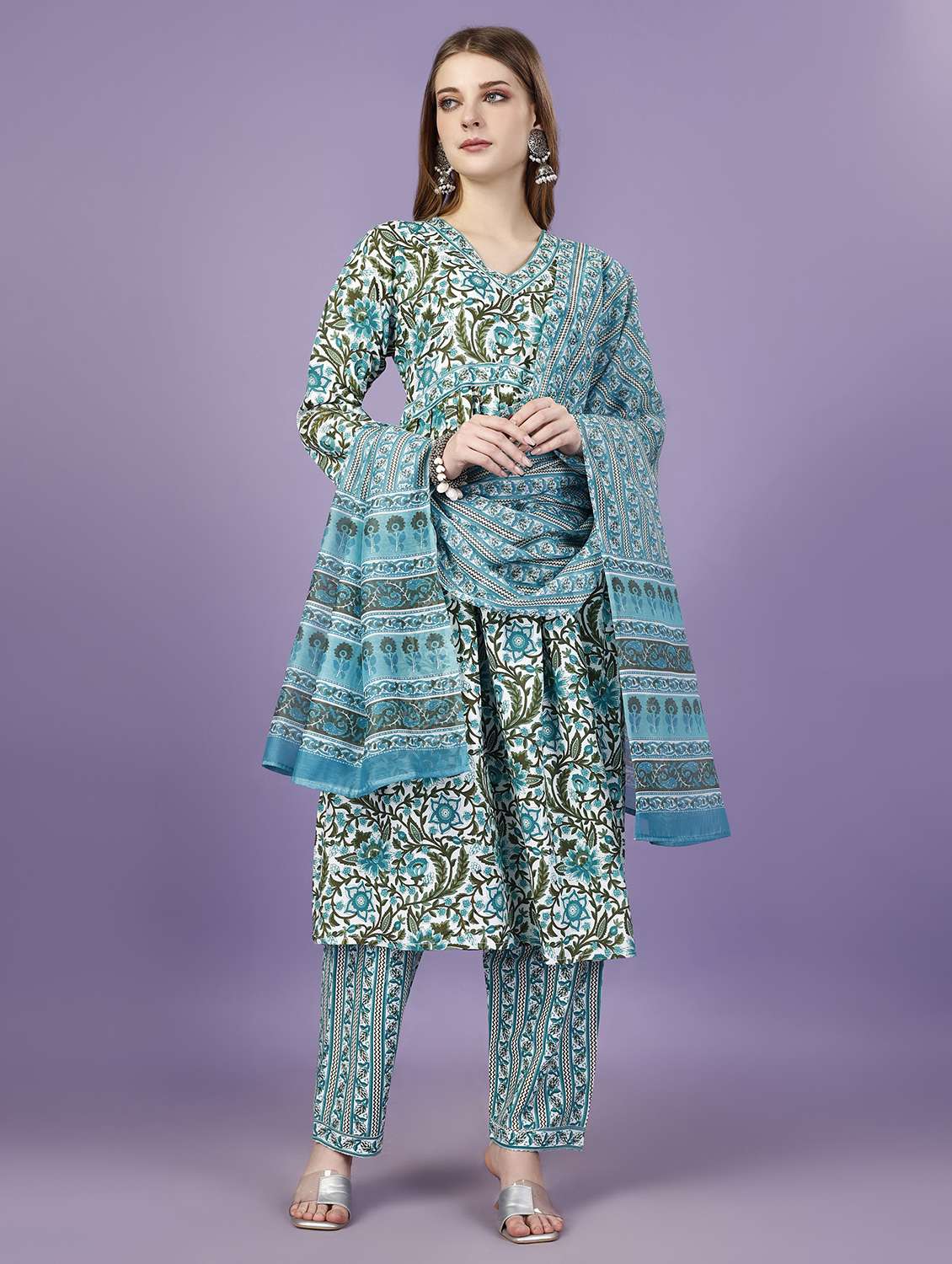women turquoise kurta plalazzo set with dupatta