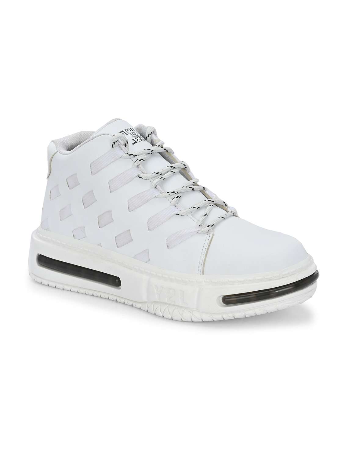 white synthetic lace up sneakers