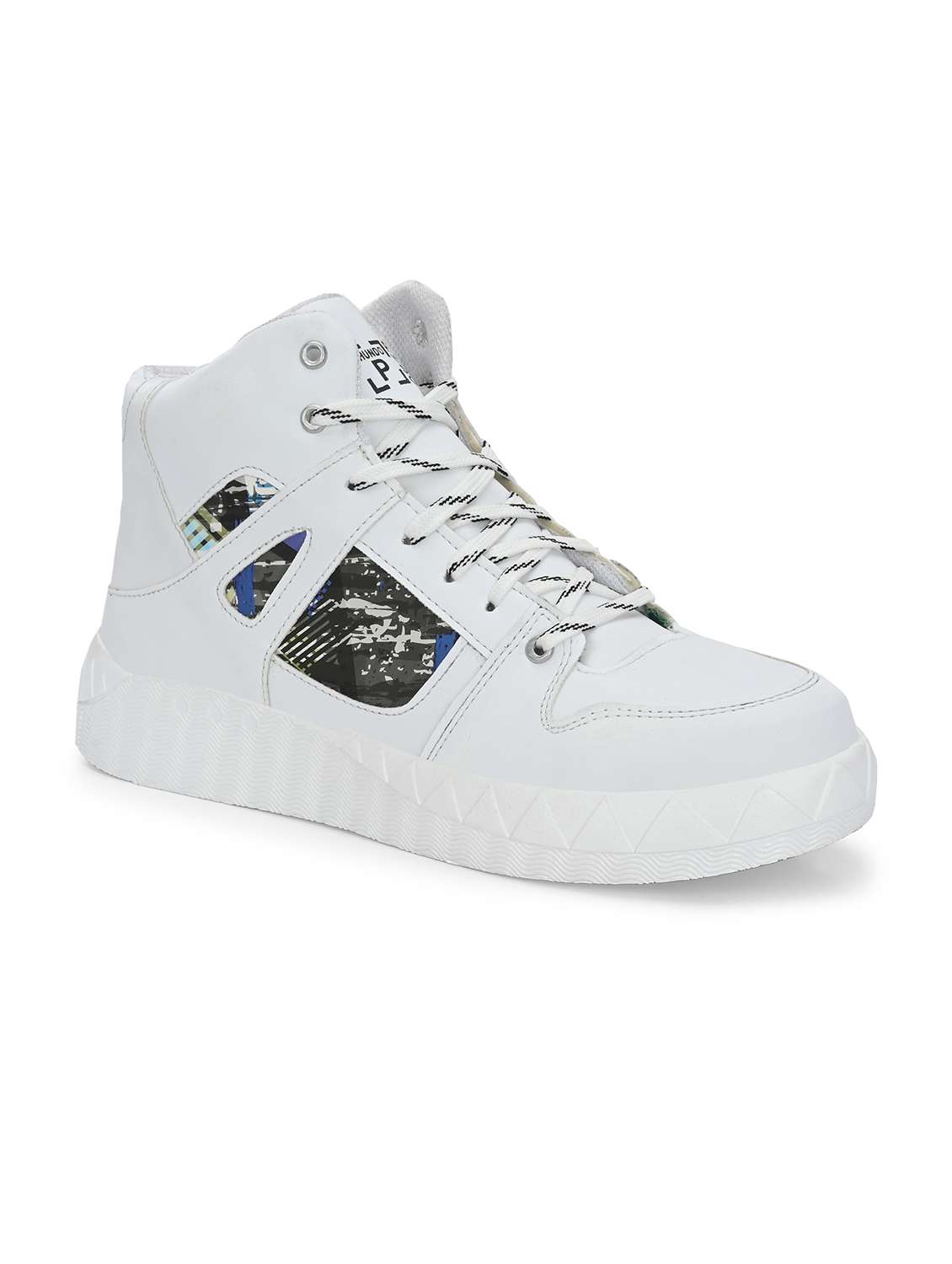 white synthetic lace up sneakers