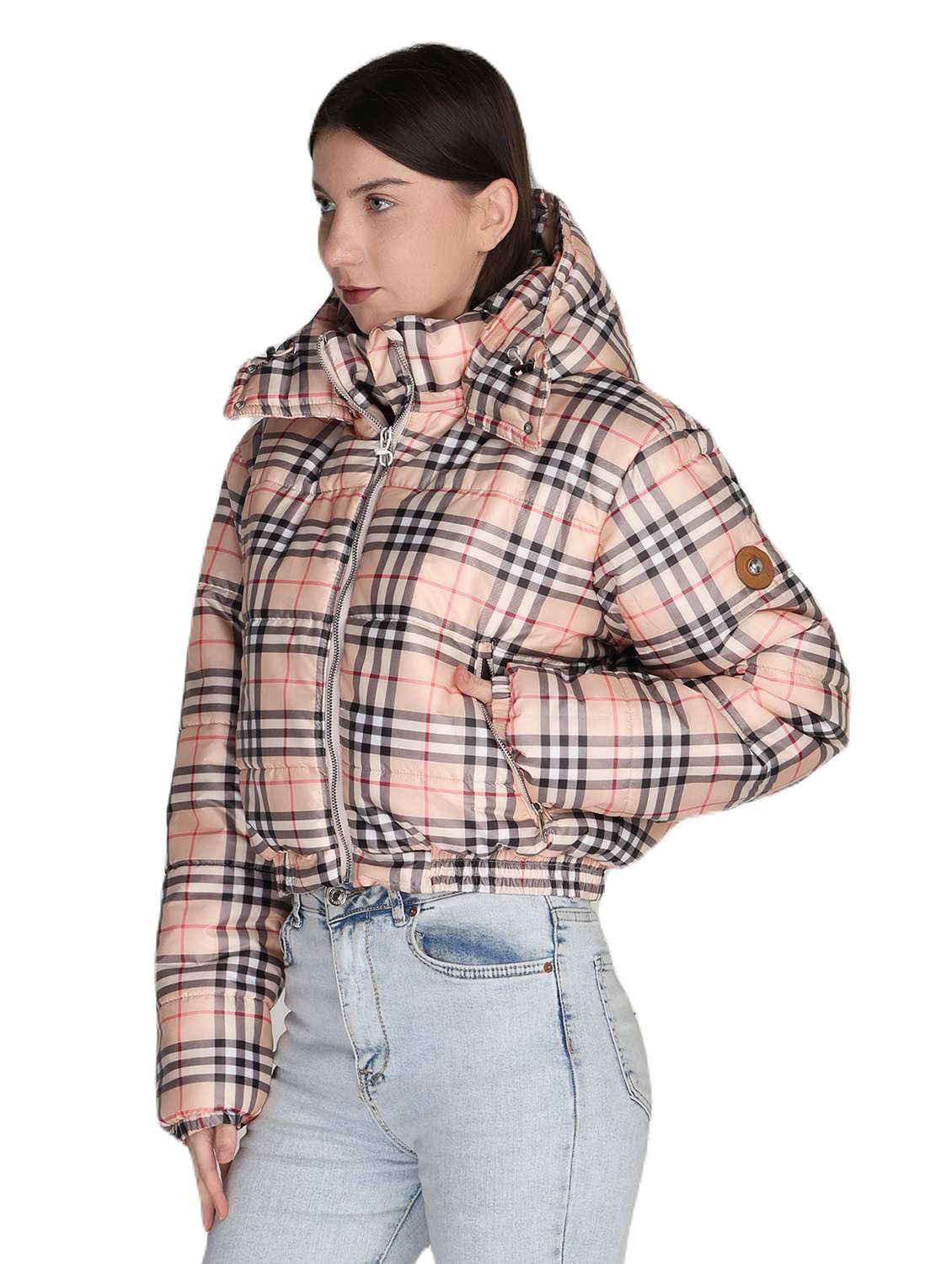 women checkered hooded quilted jacket - 21081249 - Standard Image - 1