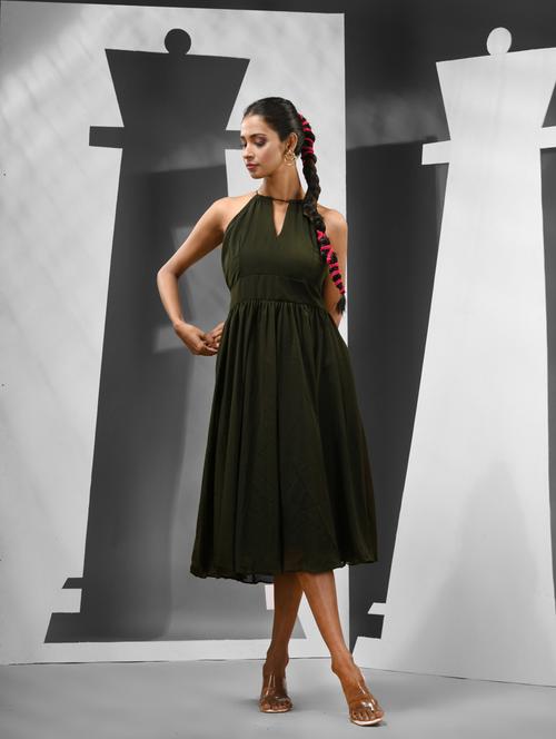 women solid green fit & flare dress - 21081687 - Standard Image - 0