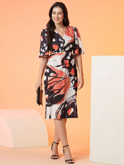 globus women orange abstract printed v-neck flared sleeves cut-outs detail sheath midi dress - 21081716 - Standard Image - 0