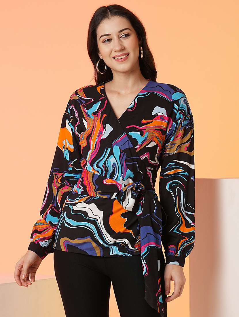 women abstract printed wrap top