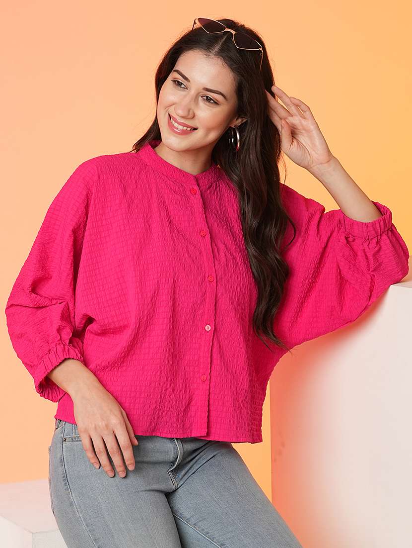 globus women fuchsia mandarin collar batwing sleeves structured shirt style top