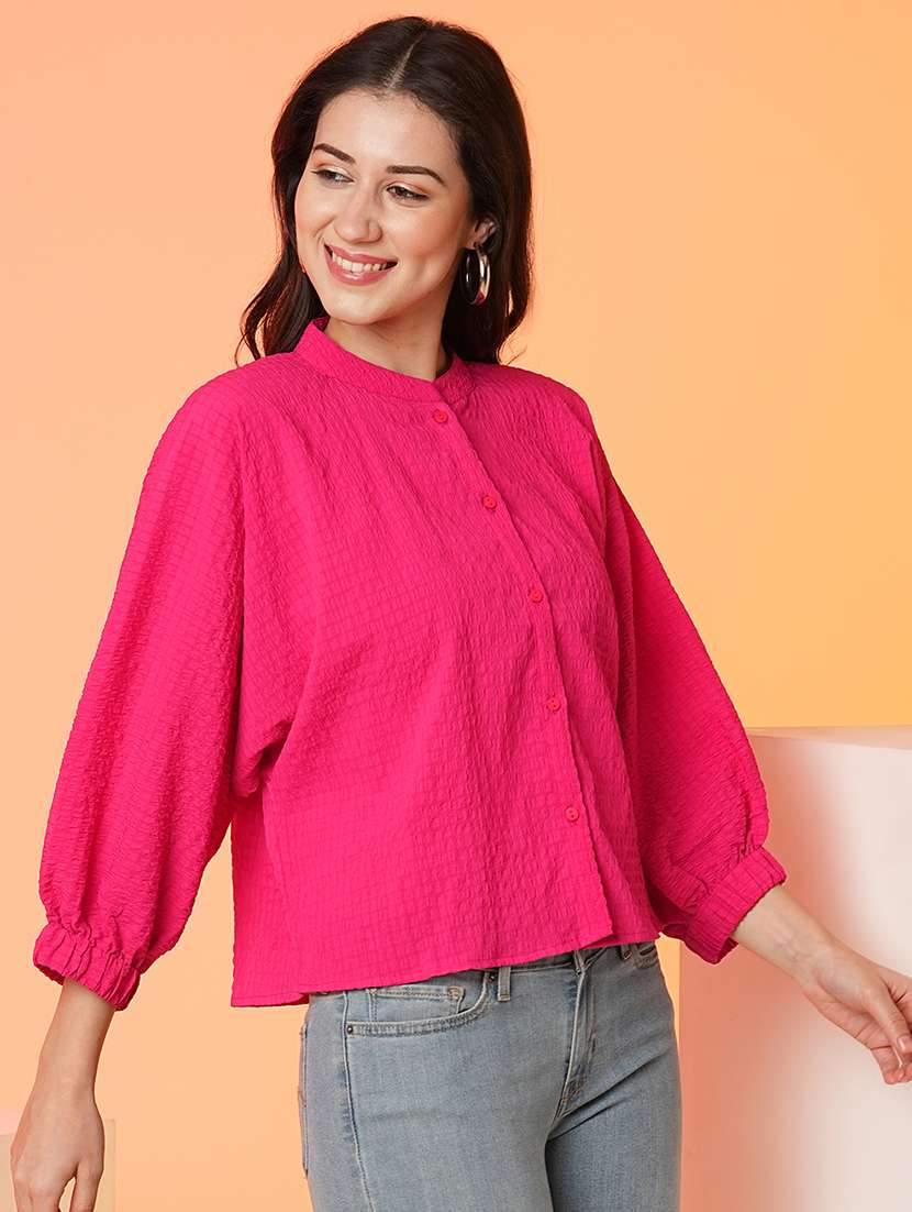 globus women fuchsia mandarin collar batwing sleeves structured shirt style top - 21081734 -  Standard Image - 1