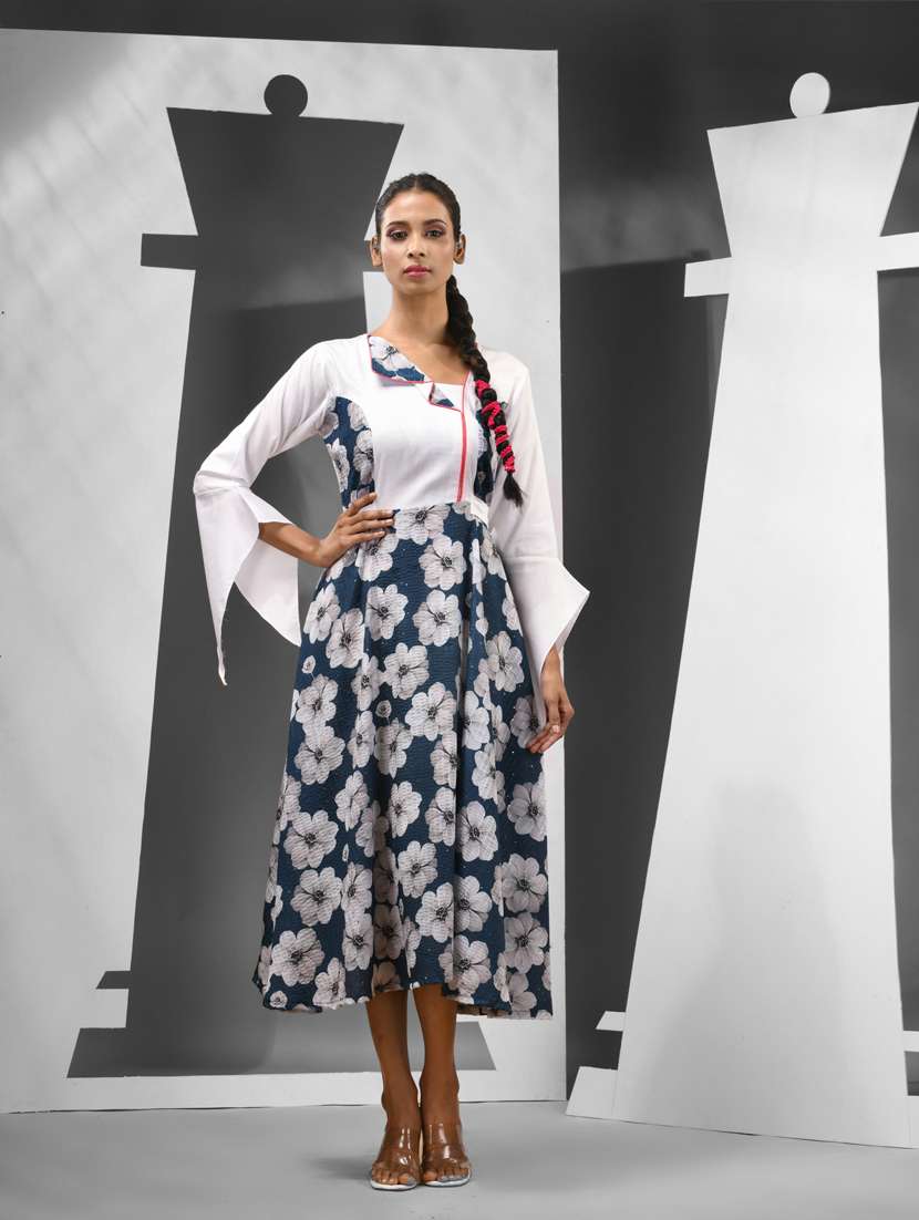 women blue floral printed fit & flare ethnic dress