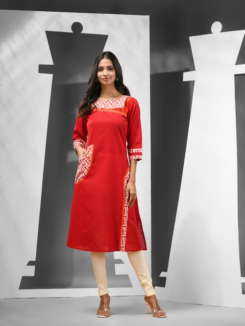 women red three quarter sleeves a-line kurta - 21081773 - Standard Image - 0