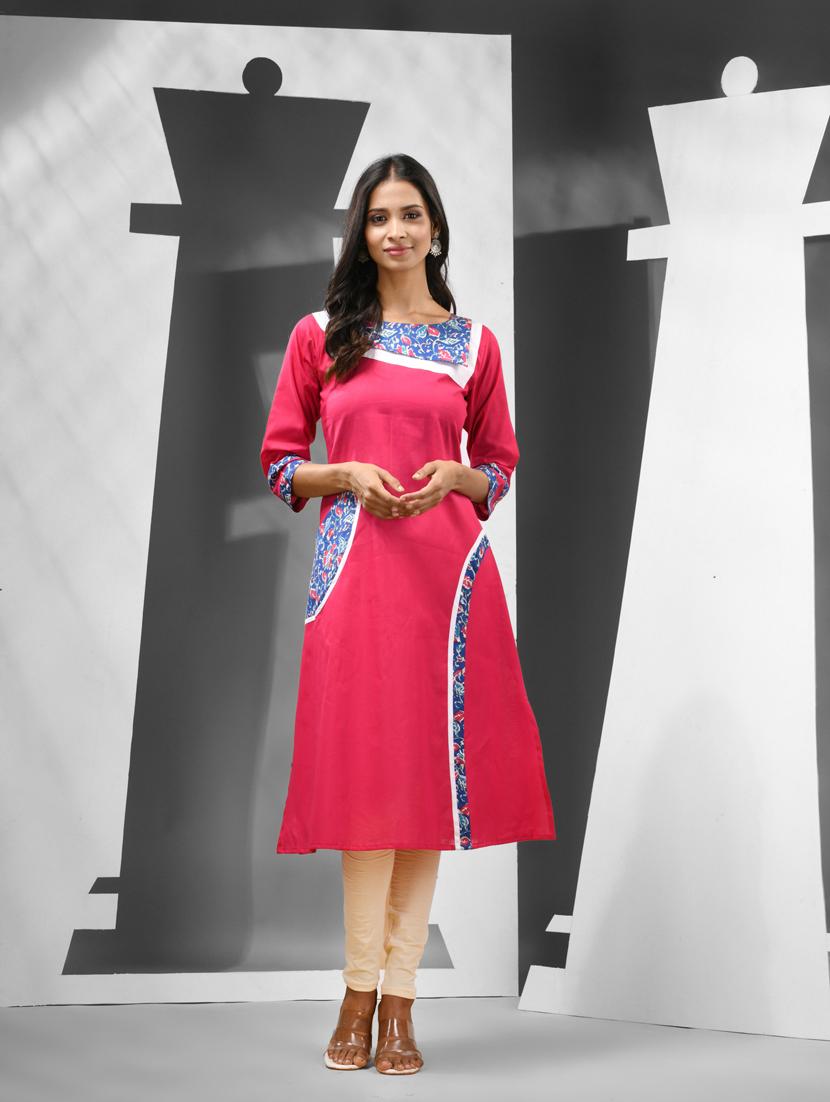 women pink three quarter sleeves a-line kurta - 21081774 - Zoom Image - 0