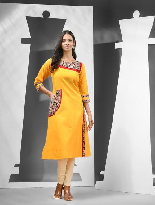 women yellow three quarter sleeves a-line kurta - 21081775 -  Standard Image - 0