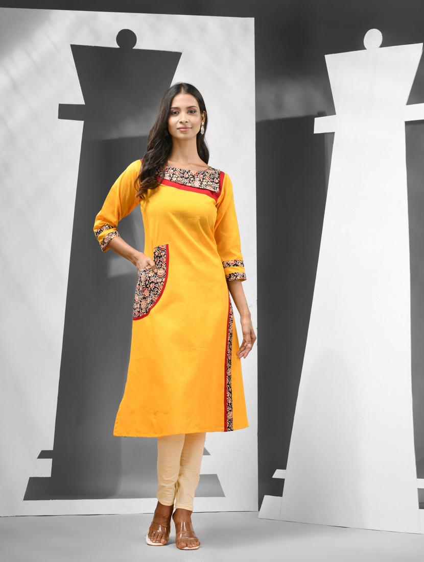 women yellow three quarter sleeves a-line kurta - 21081775 -  Zoom Image - 0