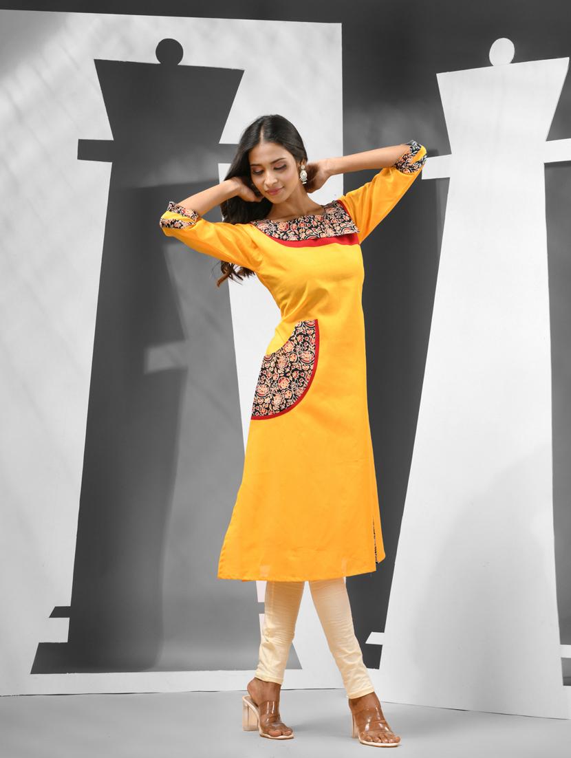 women yellow three quarter sleeves a-line kurta - 21081775 -  Standard Image - 1