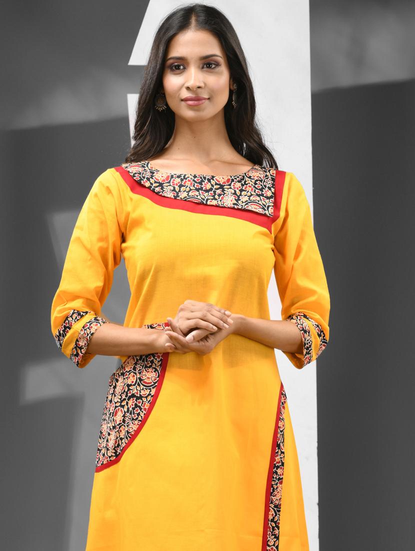 women yellow three quarter sleeves a-line kurta - 21081775 - Standard Image - 4