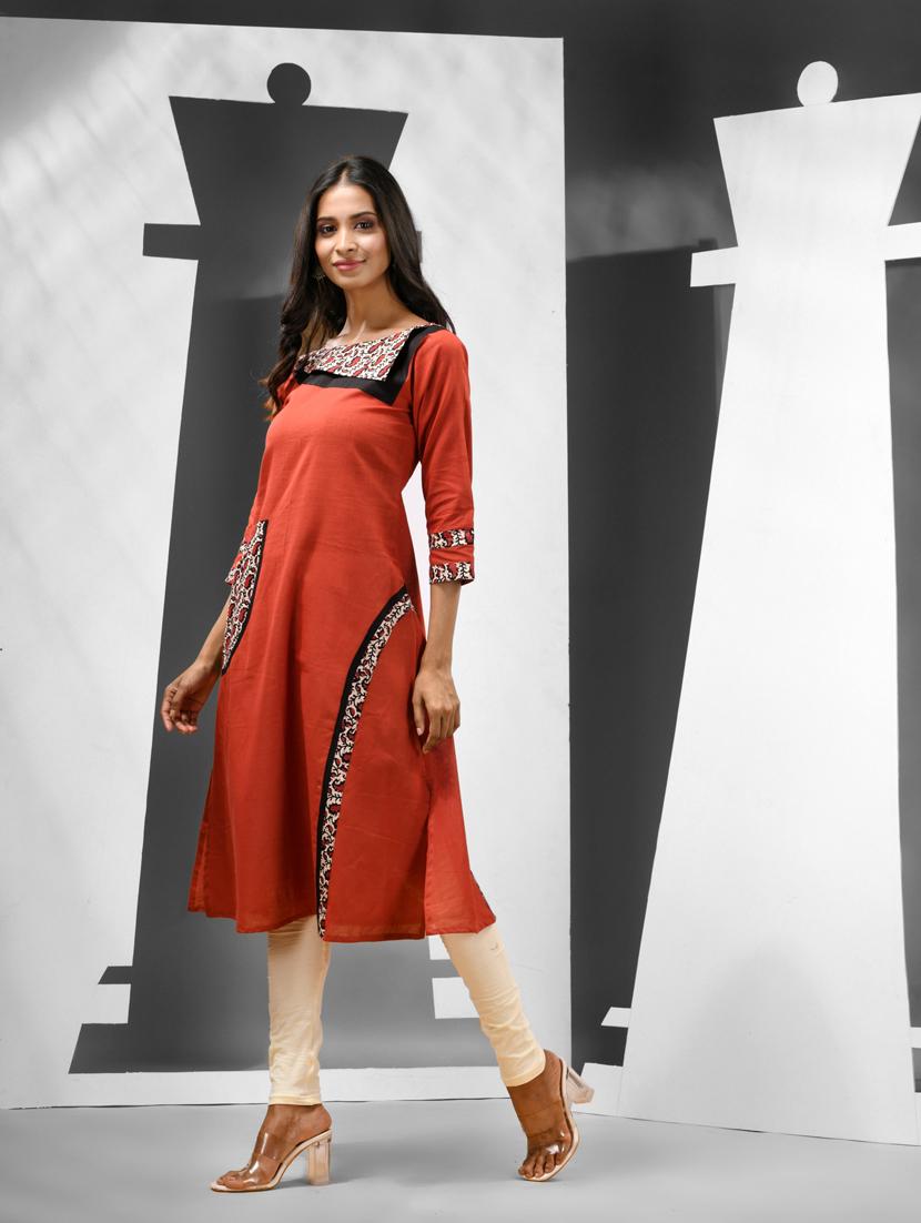 women red three quarter sleeves a-line kurta - 21081776 - Standard Image - 1