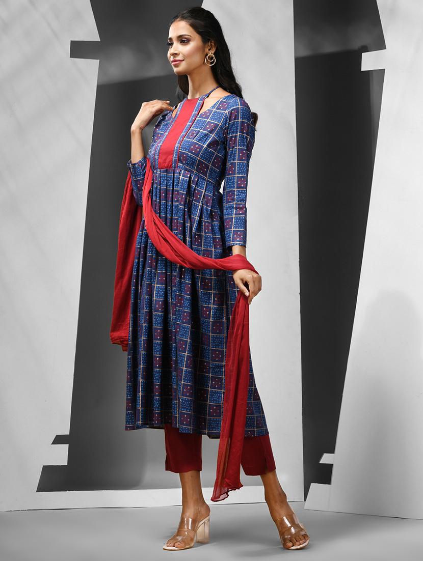 blue cotton flared kurta - 21081811 - Standard Image - 1