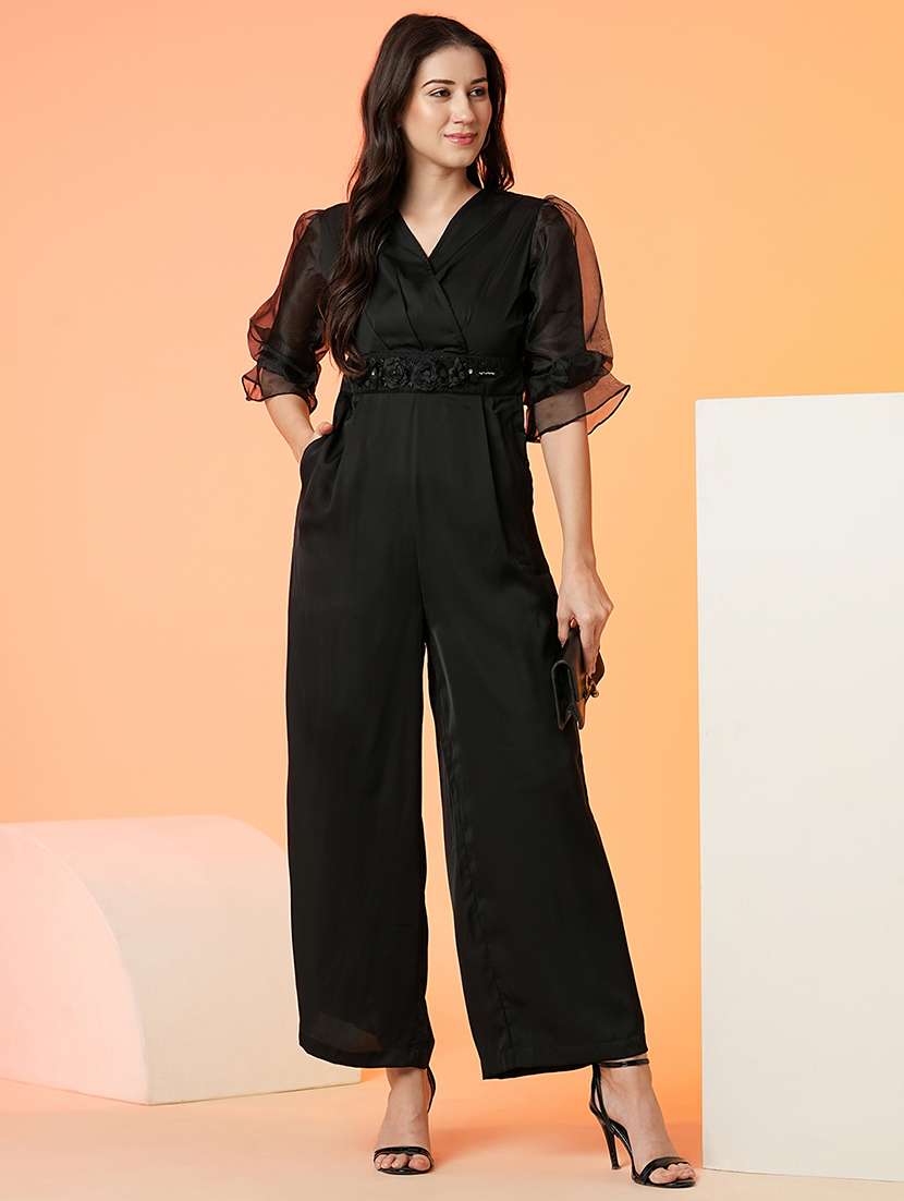 globus women black floral applique waist wrap neck puffed sleeves party jumpsuit