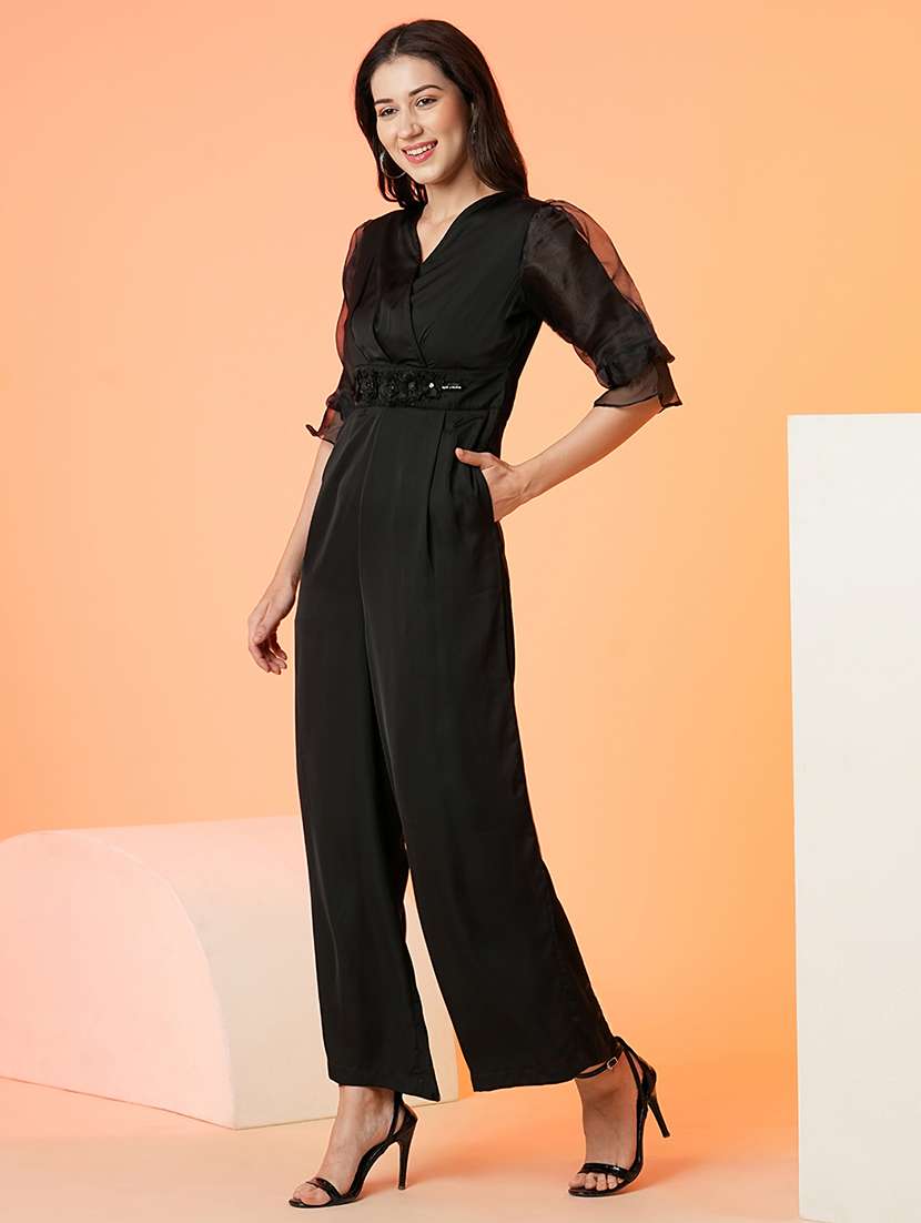 globus women black floral applique waist wrap neck puffed sleeves party jumpsuit - 21081833 -  Standard Image - 1