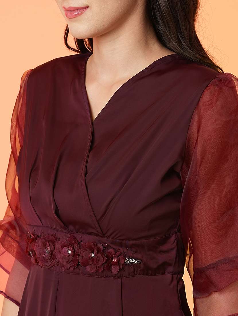 globus women purple floral applique waist wrap neck puffed sleeves party jumpsuit - 21081834 -  Standard Image - 4