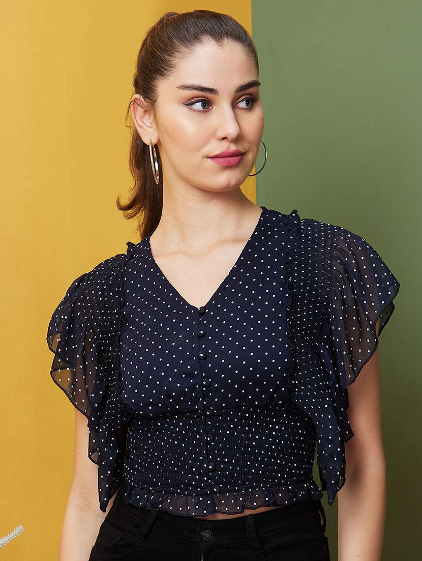 women navy blue printed casual top