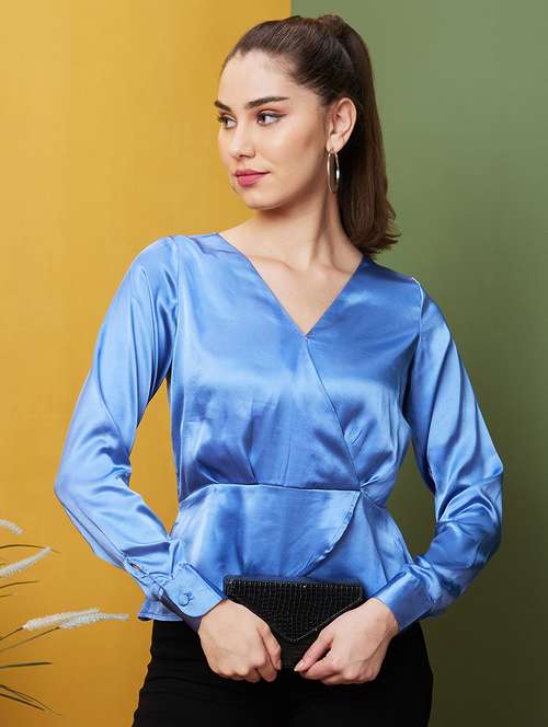 blue satin wrap top - 21081848 -  Standard Image - 0