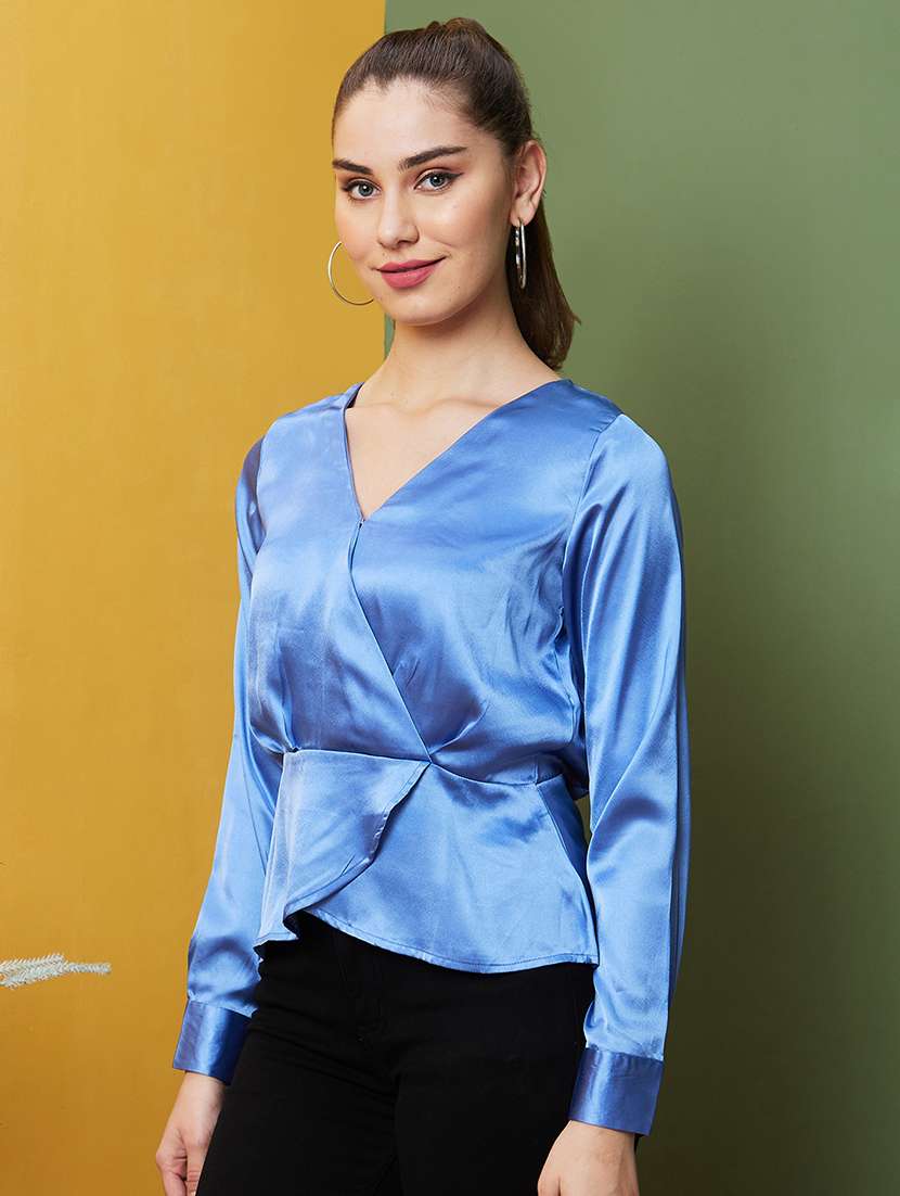 blue satin wrap top - 21081848 -  Standard Image - 1
