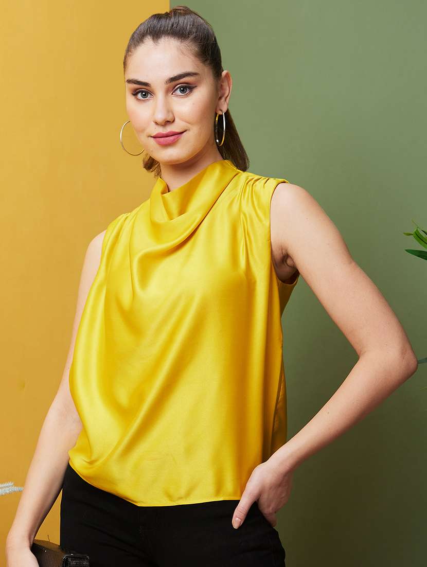 globus women yellow cowl neck gathered shoulder satin party top