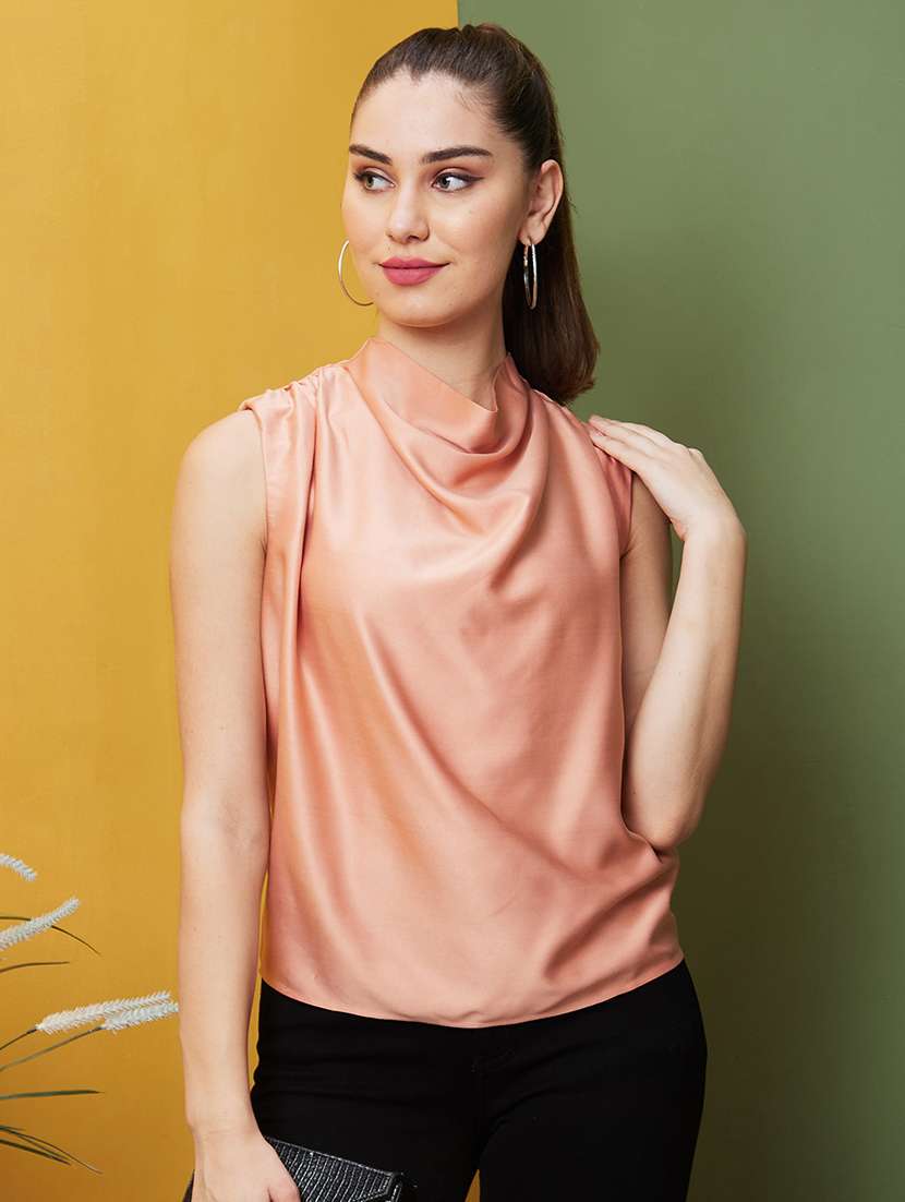 globus women blush pink cowl neck gathered shoulder satin party top