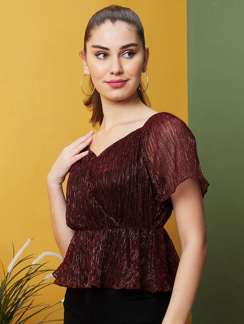 globus women red sweetheart neck raglan sleeves cinched waist shiny party top - 21081858 -  Standard Image - 1