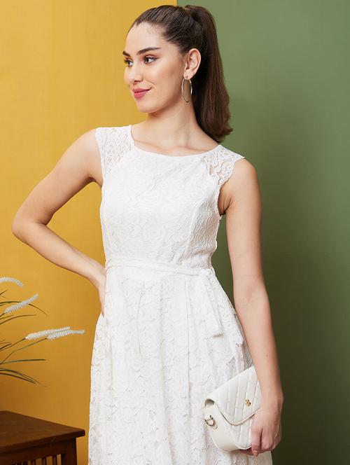globus women white floral lace pleated belted fit & flare party dress - 21082056 -  Standard Image - 0