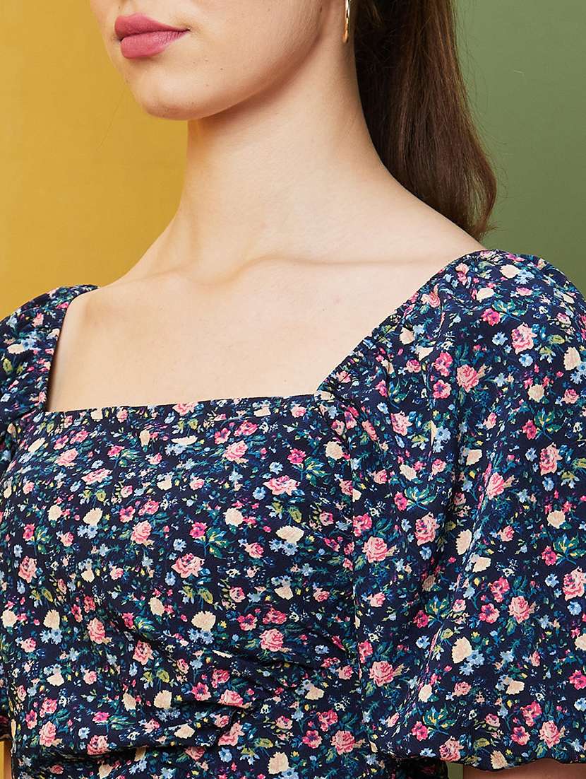 globus women navy floral printed square neck puff sleeves smocked front slit midi sheath dress - 21082063 -  Standard Image - 4