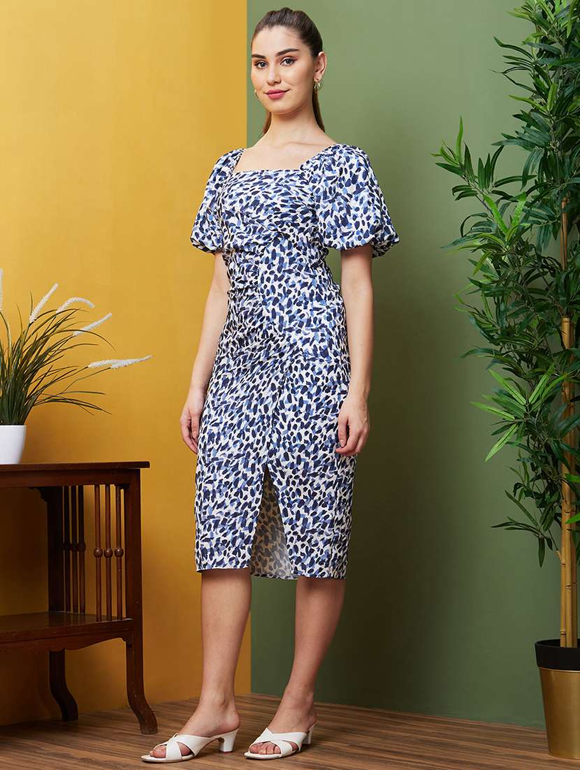 globus women navy allover printed square neck puff sleeves front slit sheath dress - 21082066 -  Standard Image - 1
