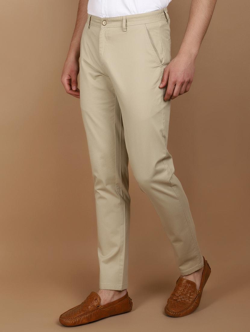 beige cotton flat front casual trousers - 21082156 - Standard Image - 1