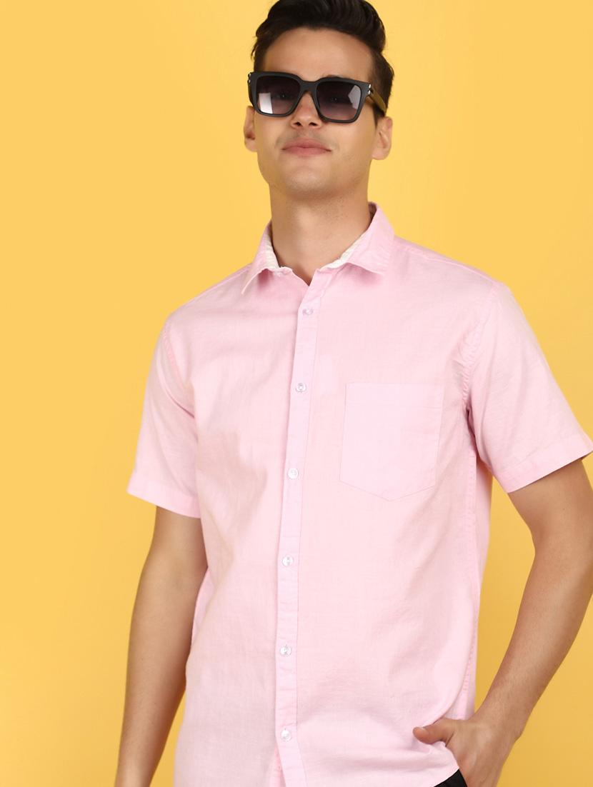 men pink solid regular fit collared casual shirt - 21082290 -  Standard Image - 1