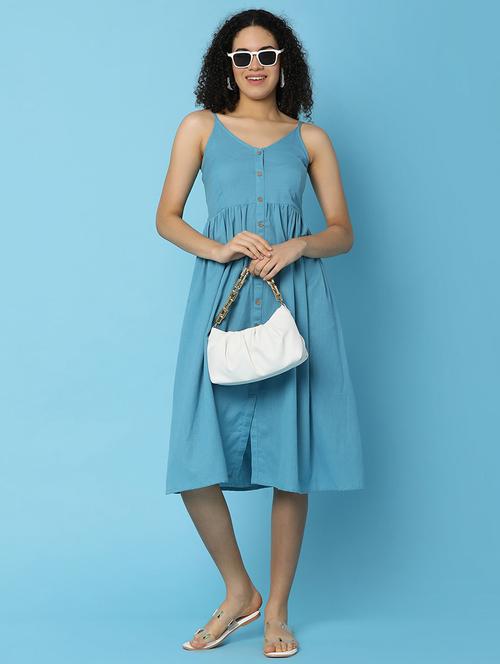 blue cotton fit & flare dress - 21082329 - Standard Image - 0