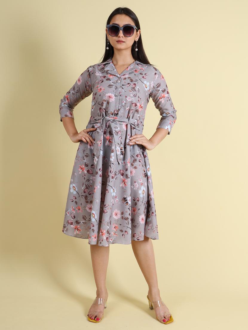 women grey floral fit & flare dress - 21083034 - Standard Image - 1
