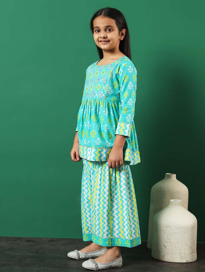 turquoise cotton kurta sharara set - 21083059 -  Standard Image - 1