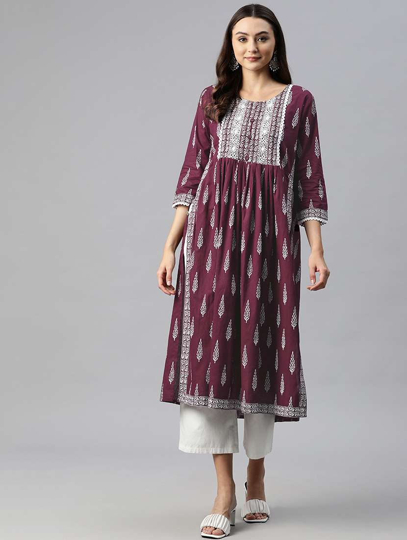 women purple round neck flared kurta