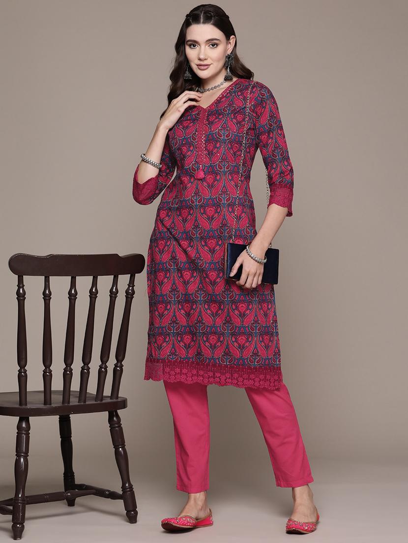 teal blue & pink printed kurta & pants set - 21087663 -  Standard Image - 1
