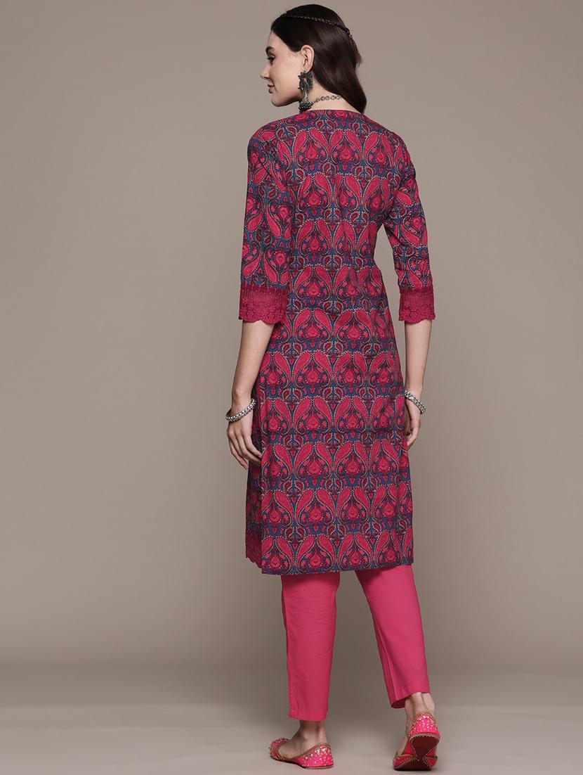 teal blue & pink printed kurta & pants set - 21087663 - Standard Image - 4