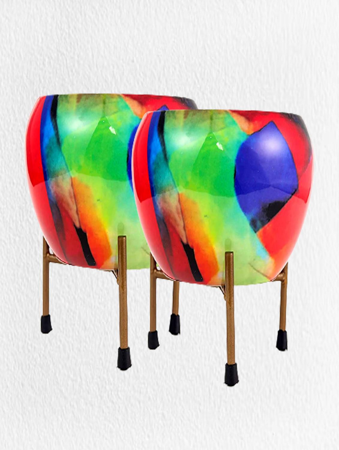 homssy printed metal planter with tripod metal stand multicolour for home decor (pack of 2) - 21092372 -  Standard Image - 1