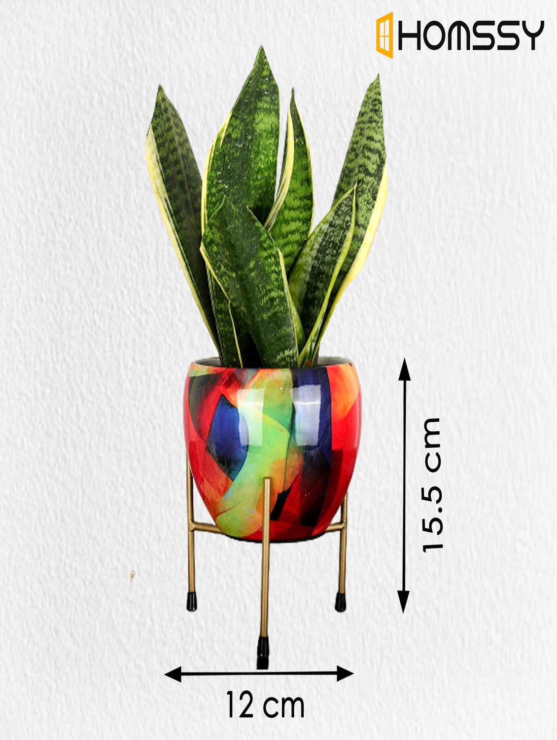 homssy printed metal planter with tripod metal stand multicolour for home decor (pack of 2) - 21092372 - Standard Image - 4