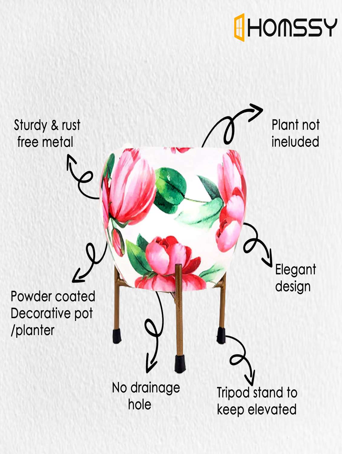 printed metal planter with tripod stand red & white floral home decor (plants not included) pack of 2 - 21092374 -  Standard Image - 4