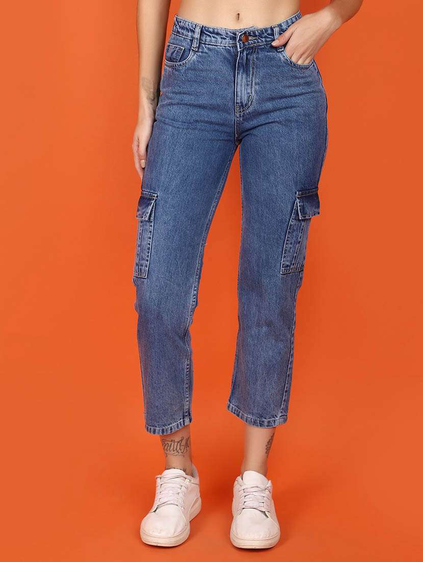 women solid blue cargo jeans