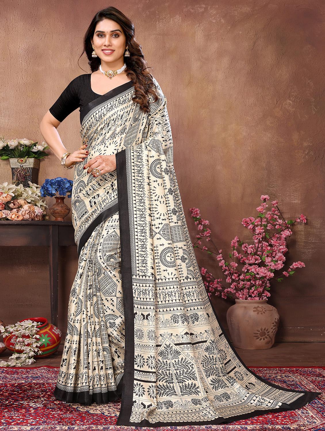 women black ajrakh printed saree with blouse - 21093527 -  Zoom Image - 0