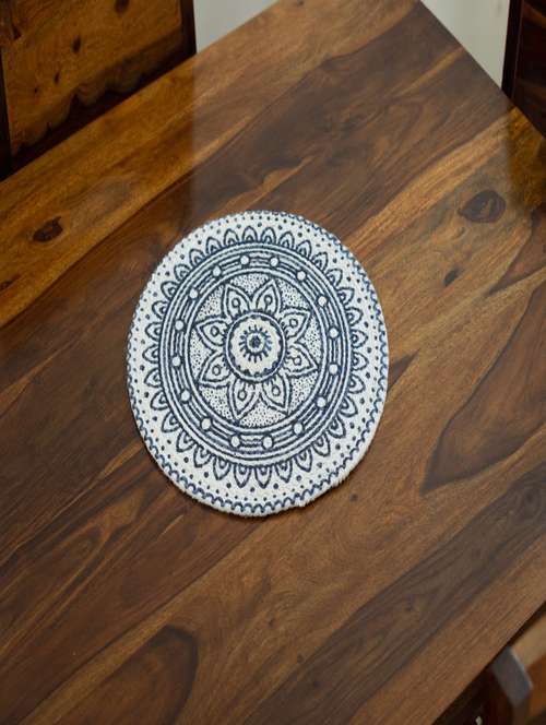sanjivani round pack of 1 table placemat (white, blue, jute) - 21093687 - Standard Image - 0