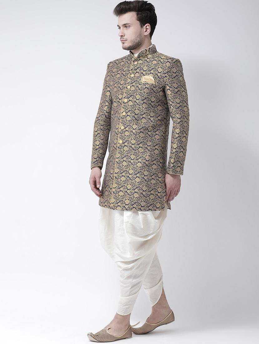 men navy blue self design detailed sherwani - 21097437 -  Standard Image - 1