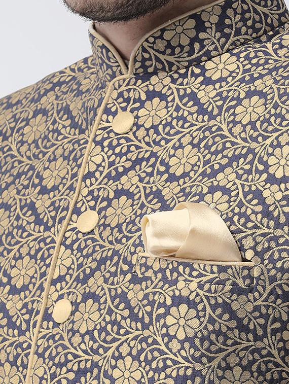 men navy blue self design detailed sherwani - 21097437 - Standard Image - 4